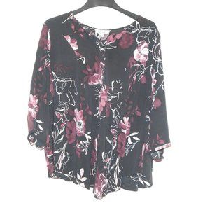 Prescott New York Black Blouse with Magnolia Flowers, Size 2 x